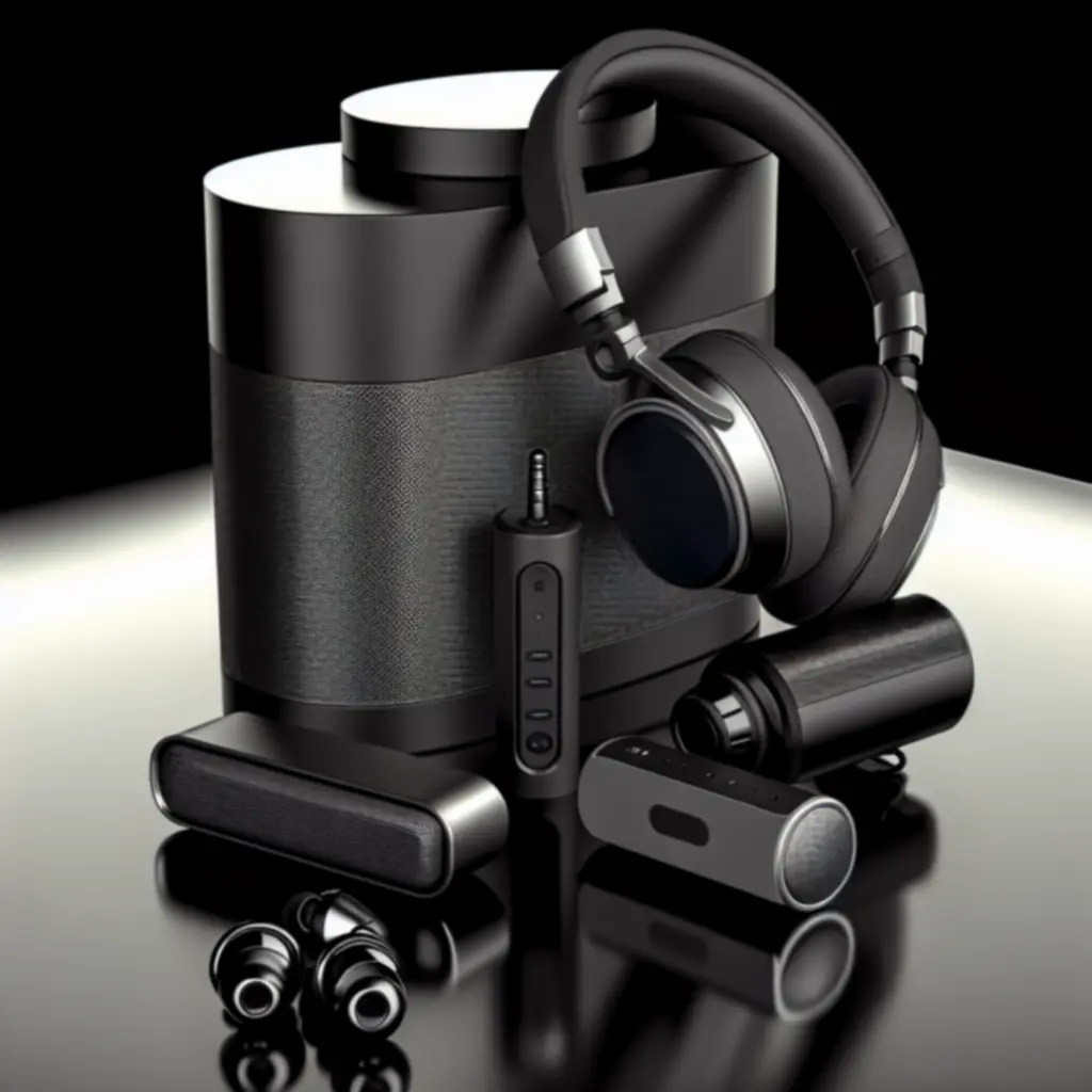 Nowoczesne słuchawki i głośniki Bluetooth prezentowane na ciemnym tle