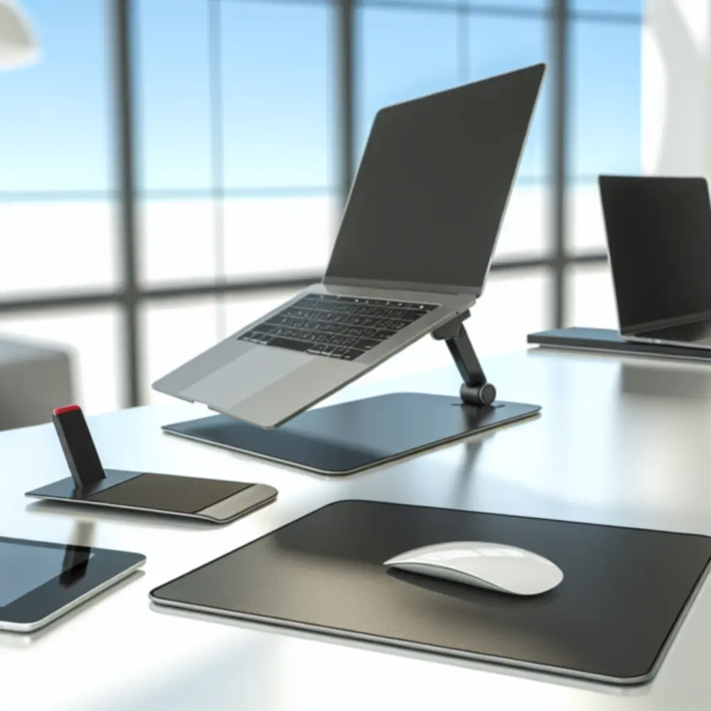 Nowoczesne biurko z akcesoriami: stojak na laptopa, klawiatura i podkładka pod mysz